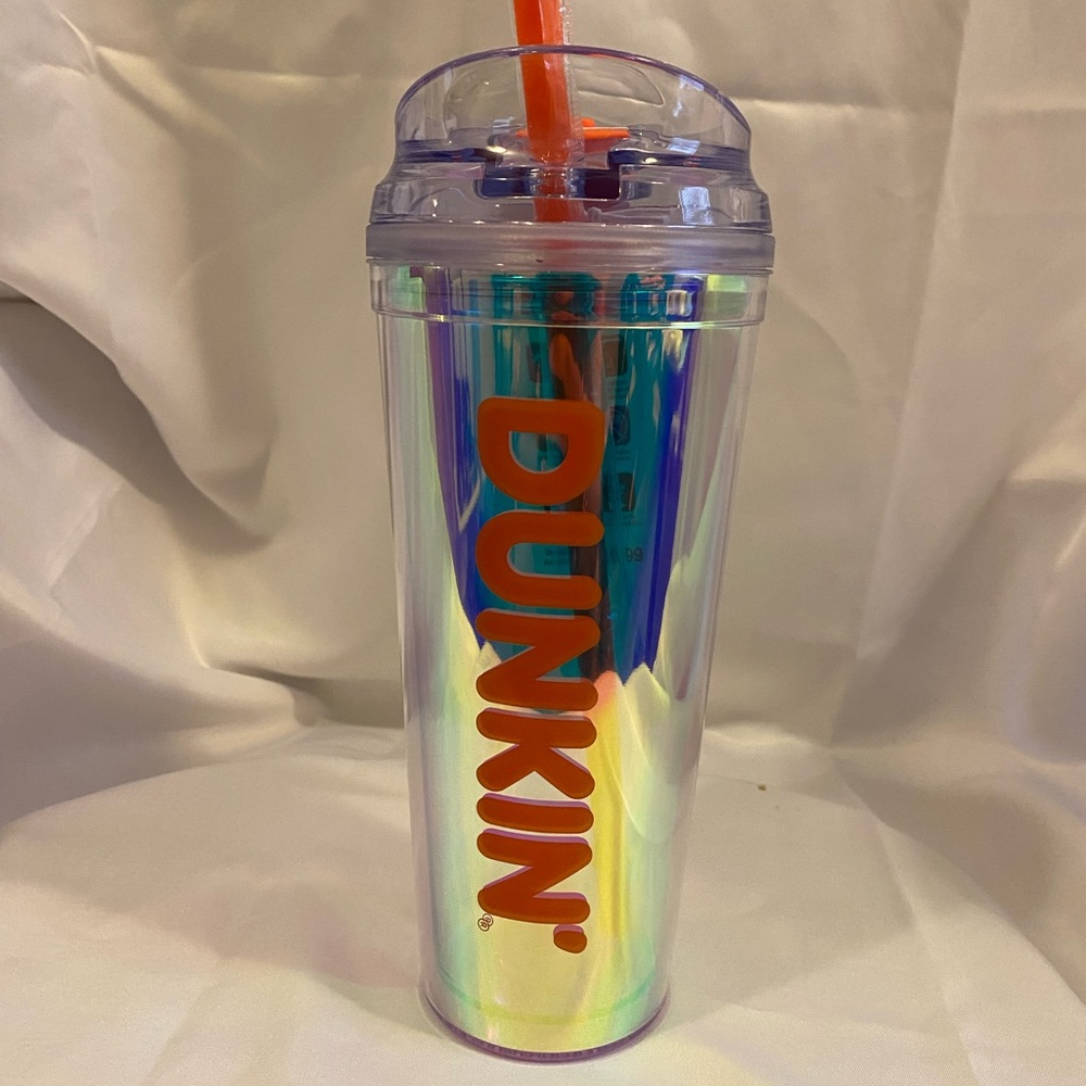 Orange and silver Dunkin cold cup.